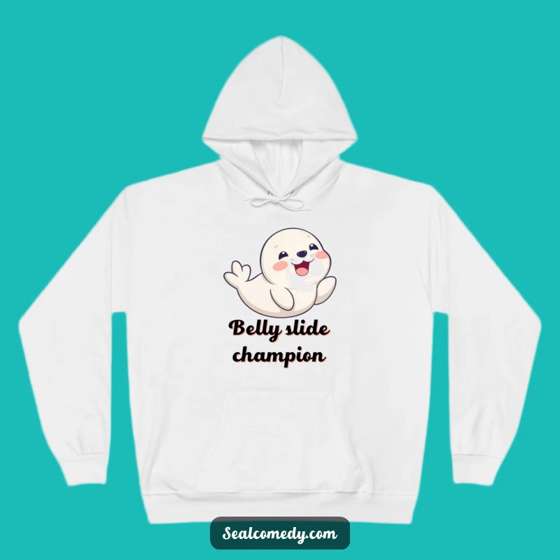 Funny Seal Pup Belly Slide Hoodie - Cozy Smiling Pup Sweatshirt Gift