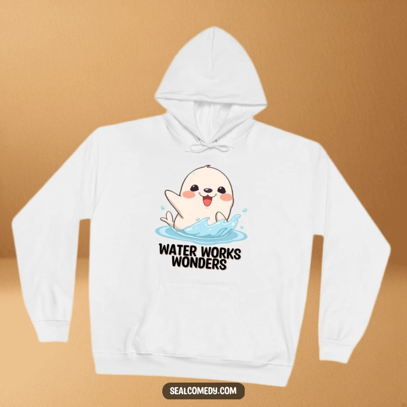 Funny hoodie featuring a seal character splashing water with its flipper, symbolizing playful joy and cozy comfort.
