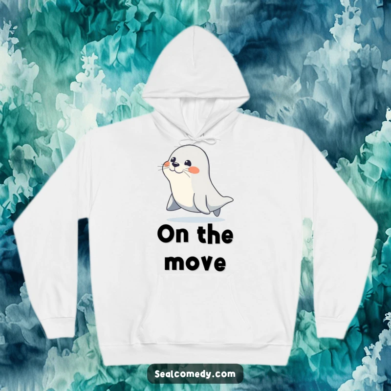 Funny hoodie featuring a seal character waddling with a determined, joyful gait, offering warmth and inspiration.