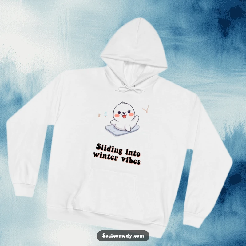 Funny hoodie design of a seal comically sliding down a snowy slope, radiating pure joy and wintery charm.