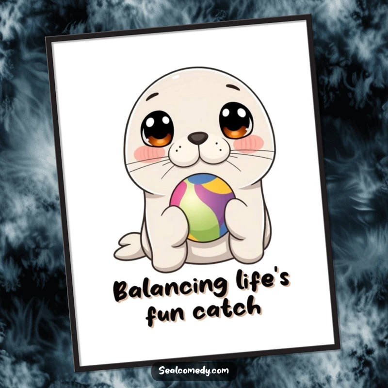 Funny Free Printable Wall Art: A cute seal with big, curious eyes balances a colorful ball on its nose, looking delightful.