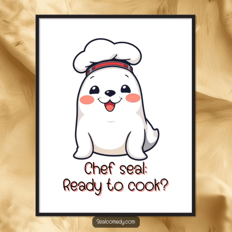 Funny free printable wall art: A cheerful seal in a tiny chef hat, looking proud of its culinary creations, adds humor to any room.