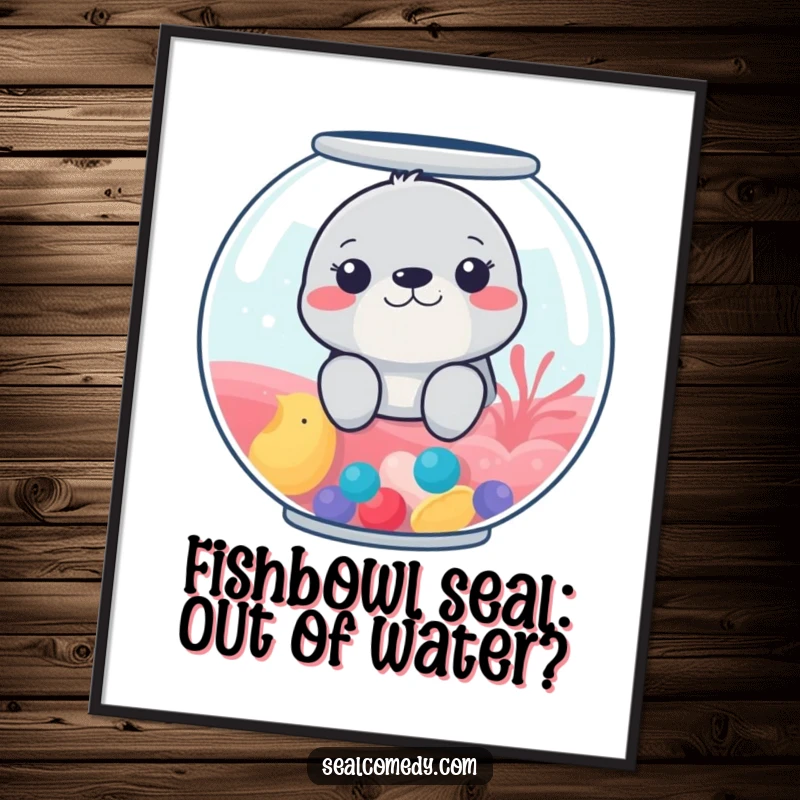 Funny free printable wall art: A seal peeking curiously from a brightly colored fishbowl, bringing playful and aquatic vibes to your space.