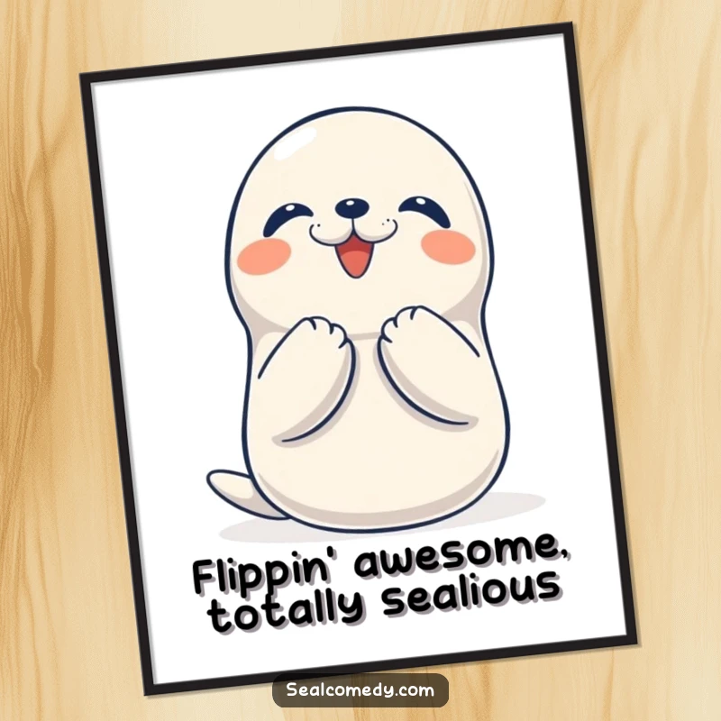 Funny Free Printable Seal Wall Art: Happy seal clapping its flippers together with pure delight, downloadable art for decor.