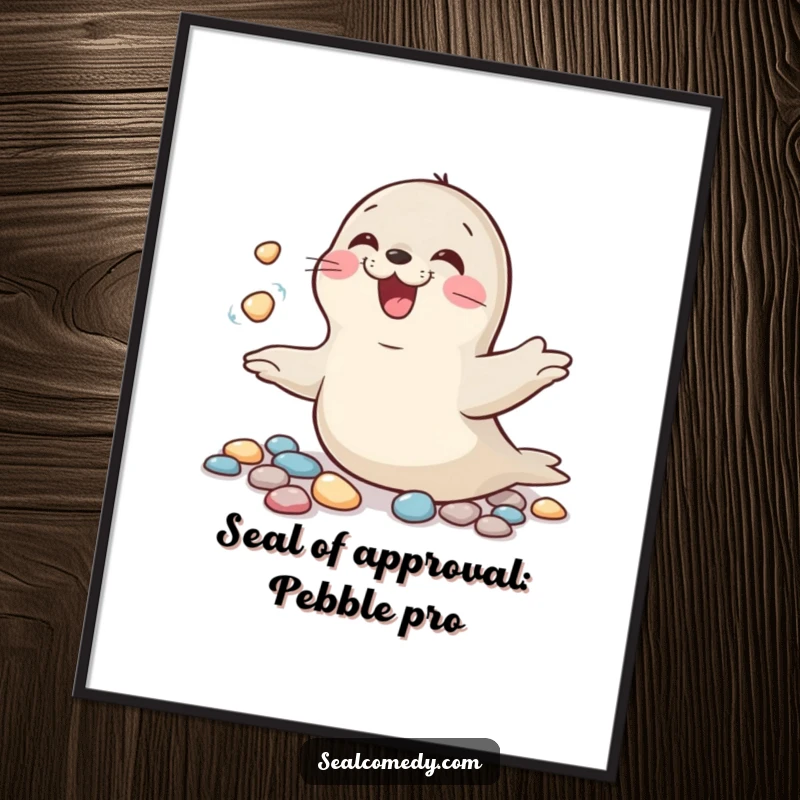 Funny free printable wall art: A seal with a wide grin, skillfully juggling a pile of shiny pebbles, brings playful energy to any room.