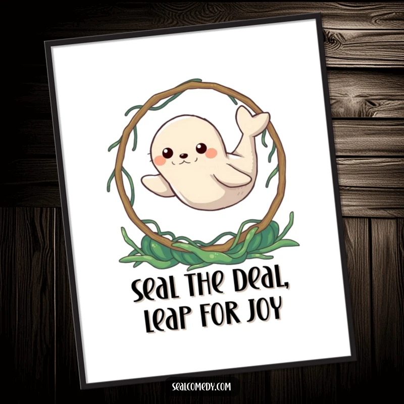 Funny free printable wall art of a determined seal heroically leaping through a hoop made of seaweed.