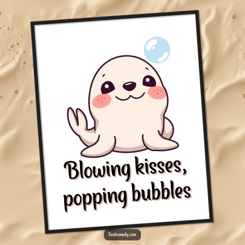 Funny free printable wall art of a silly seal with a wide smile honking its nose at a passing bubble.