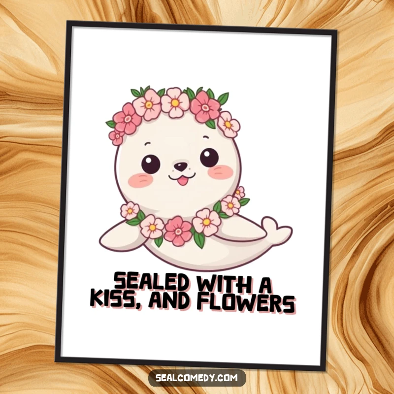Funny Free Printable Wall Art: A graceful seal adorned with a flower garland, swimming elegantly through clear blue water.