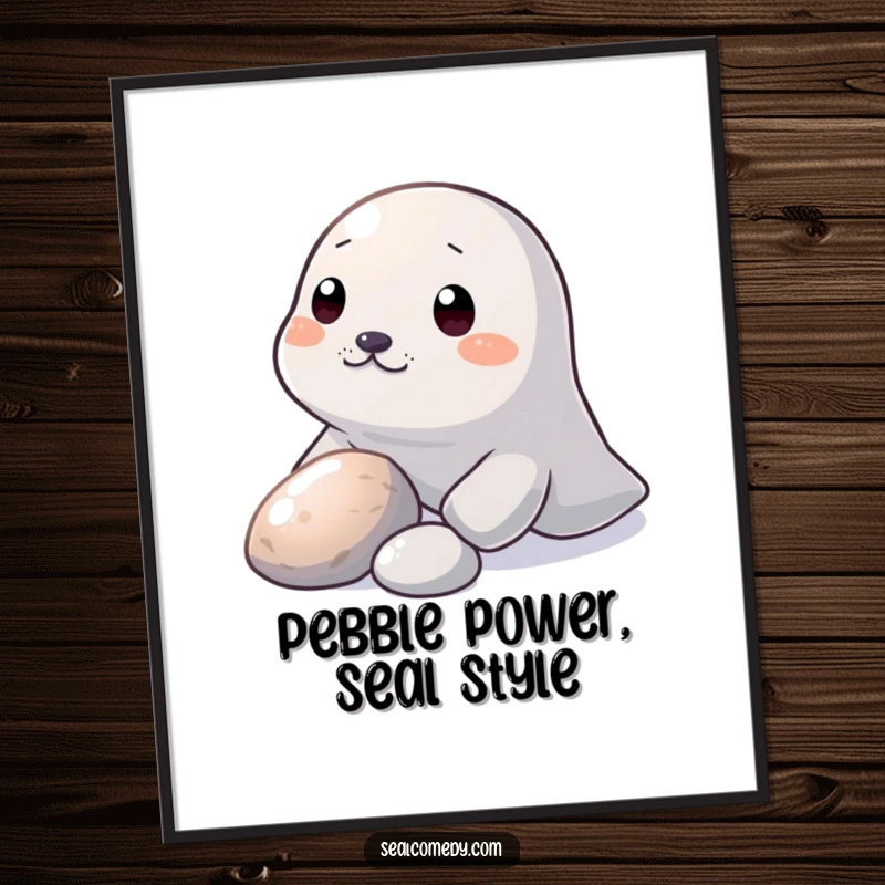 Funny Free Printable Wall Art: A curious seal nudging a small, shiny pebble with its snout underwater.