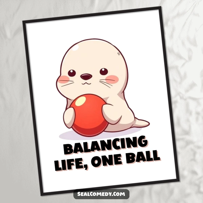 Funny Free Printable Wall Art: Adorable seal character skillfully balancing a bright red ball on its nose.