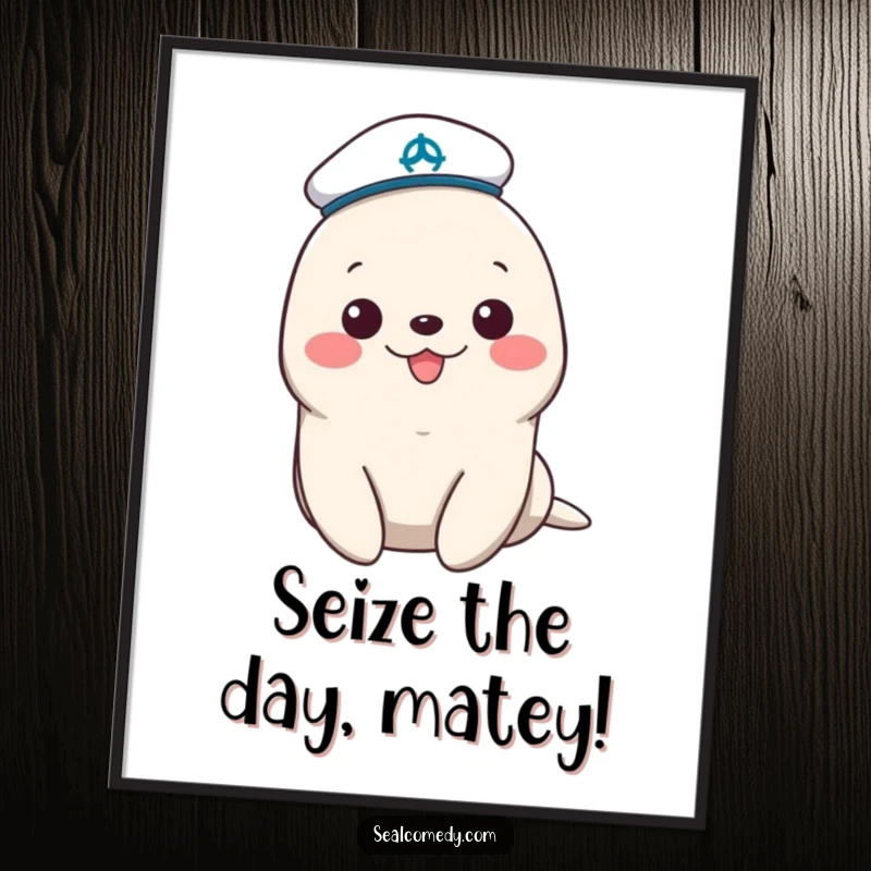 Funny free printable wall art, cheerful seal wearing a tiny sailor hat, adorable nautical theme.