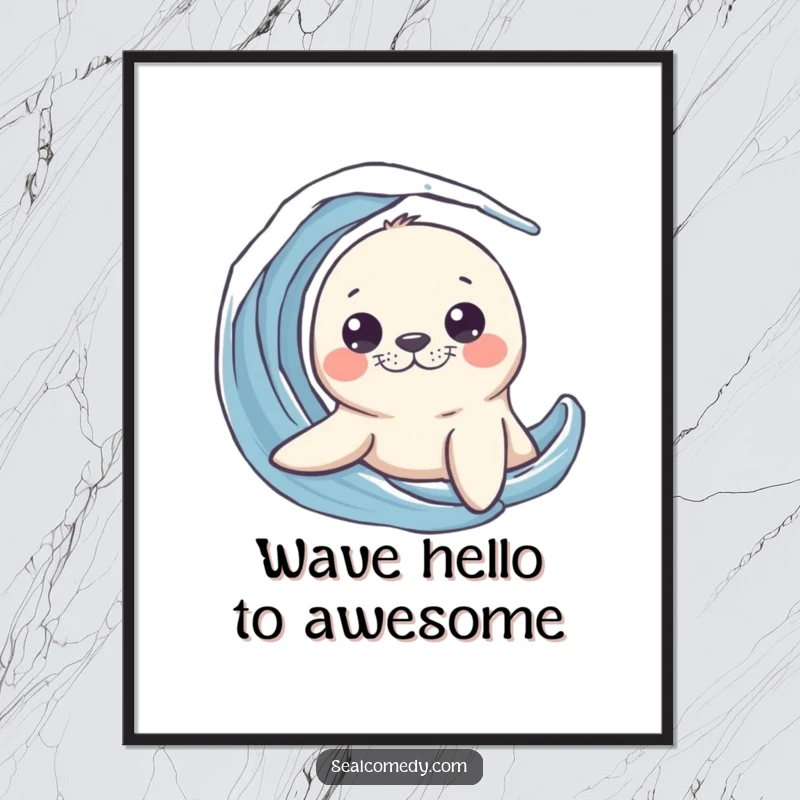 Funny Free Printable Wall Art depicting a curious seal peeking its head out from a gentle ocean wave, with an inquisitive expression.