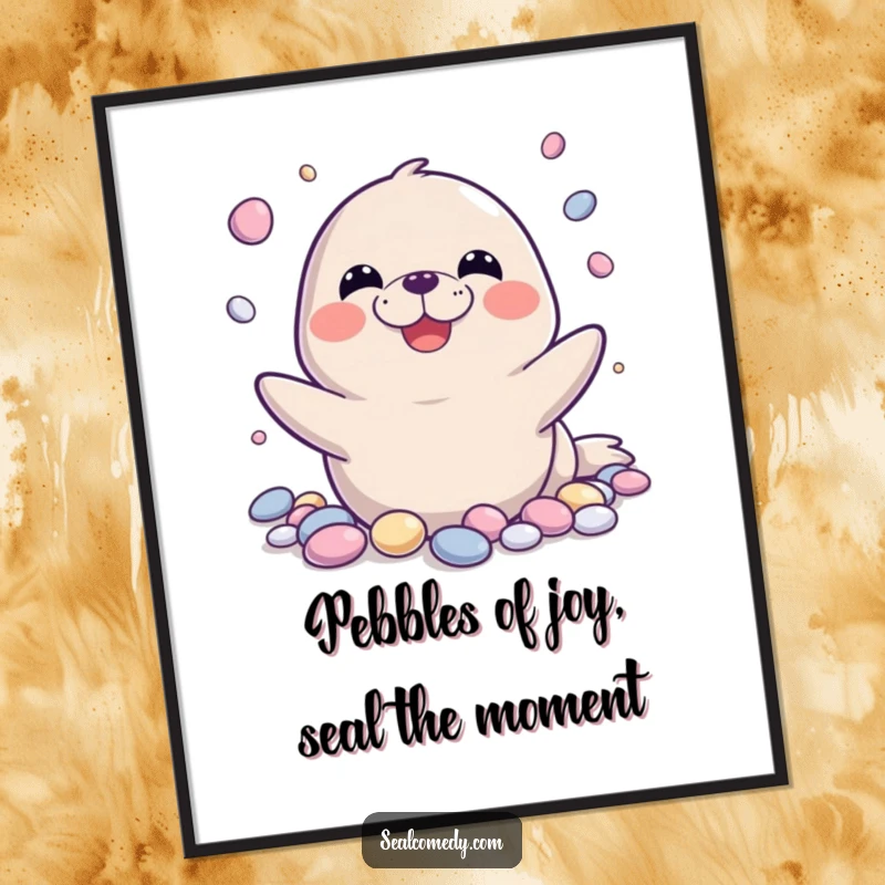 Funny Free Printable Wall Art featuring a seal with a massive grin, impressively juggling shiny pebbles with ease.
