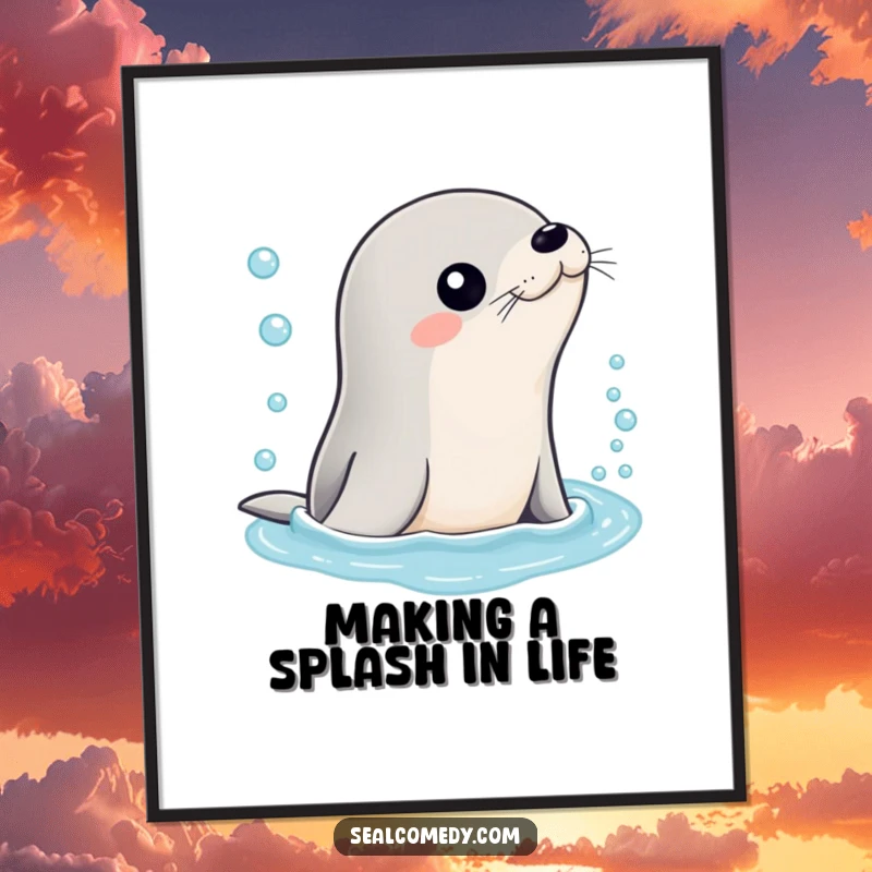 Funny Free Printable Wall Art: A sleek seal character gracefully emerges from a swirl of bubbly water, creating a dynamic scene. DIY decor.