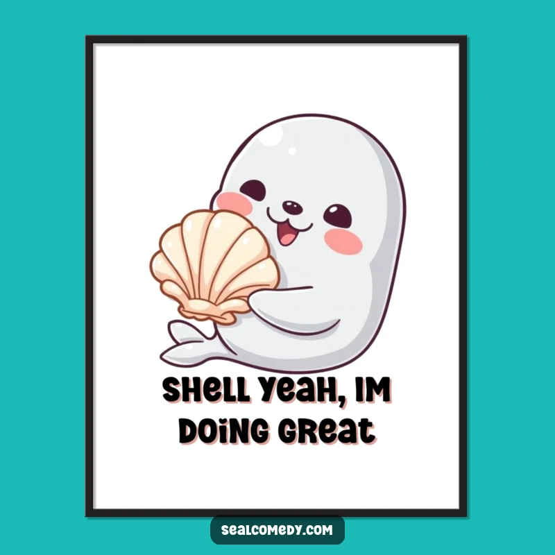 Funny Free Printable Wall Art: Seal with Seashell - Smiling Downloadable Decor!