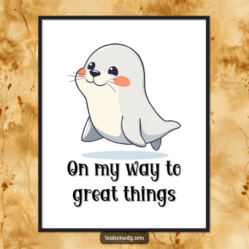 Funny Free Printable Wall Art: A seal waddles with a happy, determined gait, embodying a cheerful journey. Quirky DIY decor.