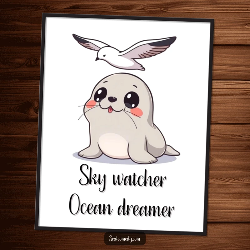 Funny Free Printable Seal Wall Art: A seal with wide eyes looks up curiously at a seagull flying in the sky.