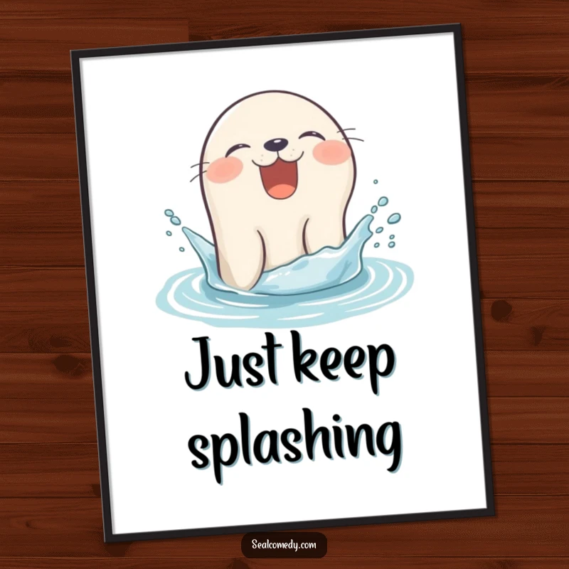 Funny free printable seal wall art, a seal giggling while popping head from water with a splash, adding playful decor.