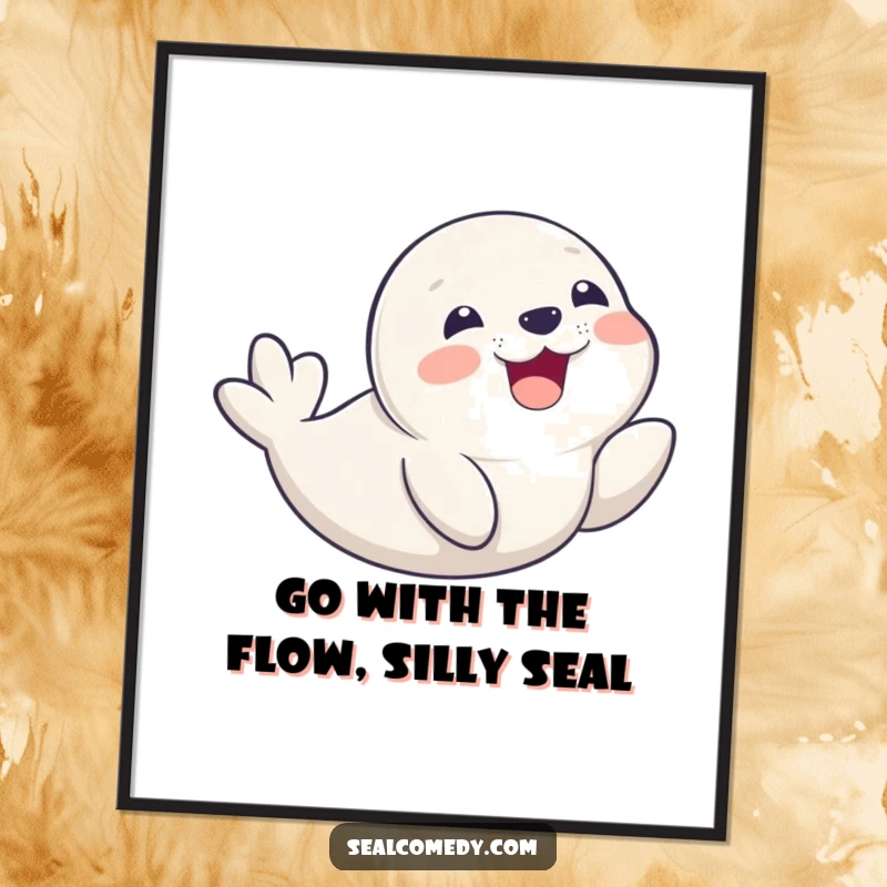Funny Free Printable Wall Art: A seal pup belly slides with pure glee, its delighted smile captured in a humorous pose.