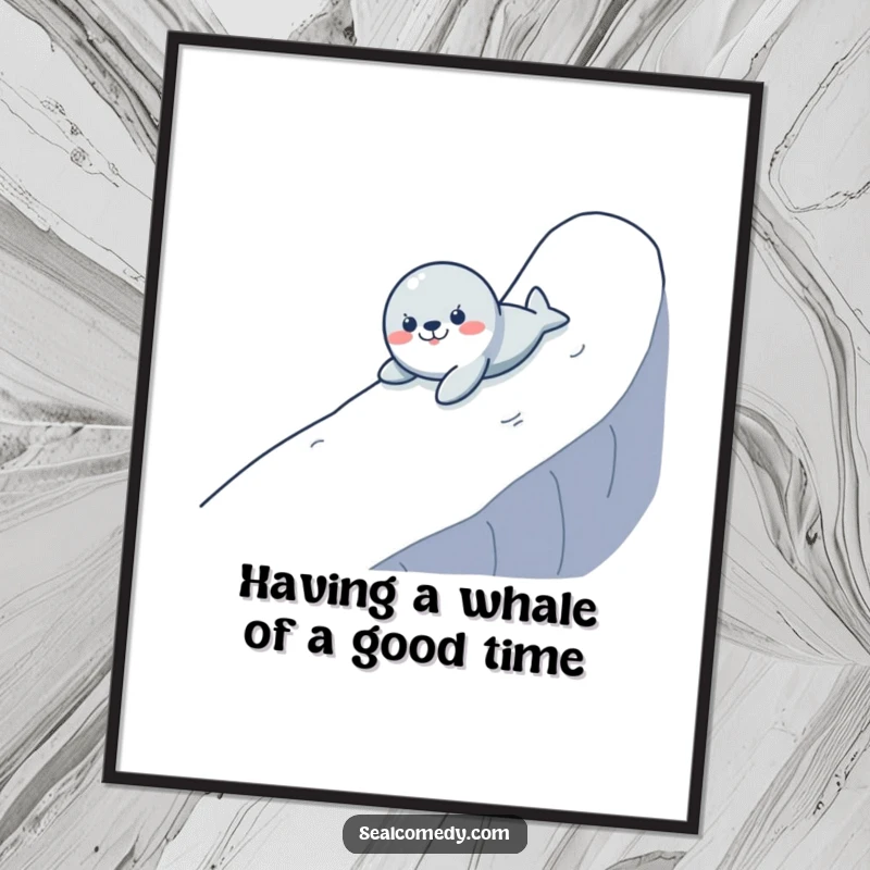 Funny free printable wall art: A whimsical seal comically sliding down a steep, slippery slope, bringing smiles.