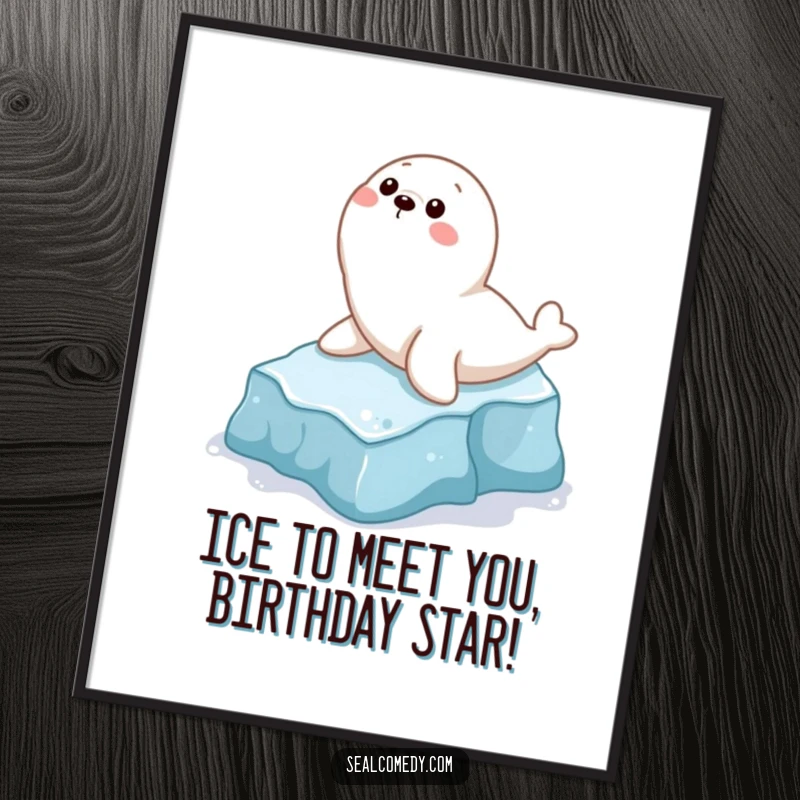 Funny Free Printable Wall Art: Playful seal character joyfully sliding down an icy slope, bringing wintery fun to any room.