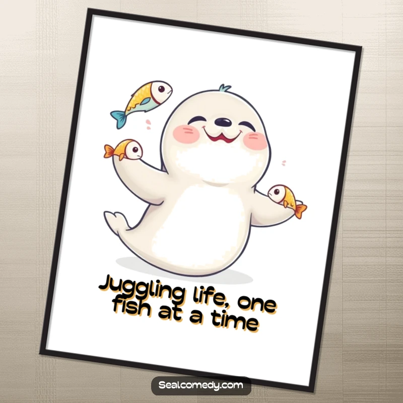 Funny Free Printable Wall Art depicting a happy seal giggling while skillfully juggling three shiny fish.