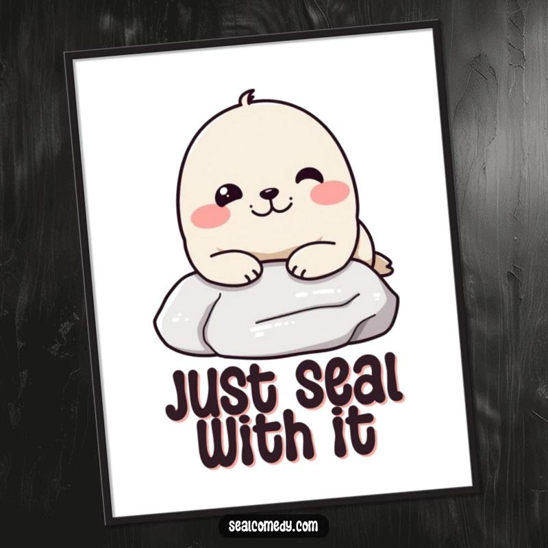 Funny Free Printable Wall Art of a seal with a pleased, relaxed expression resting its chin on a smooth stone at the beach.