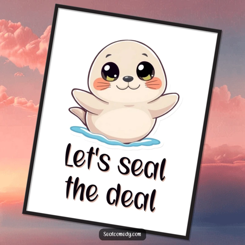 Funny free printable wall art: An innocent seal with big, curious eyes, waving a flipper in a friendly gesture.