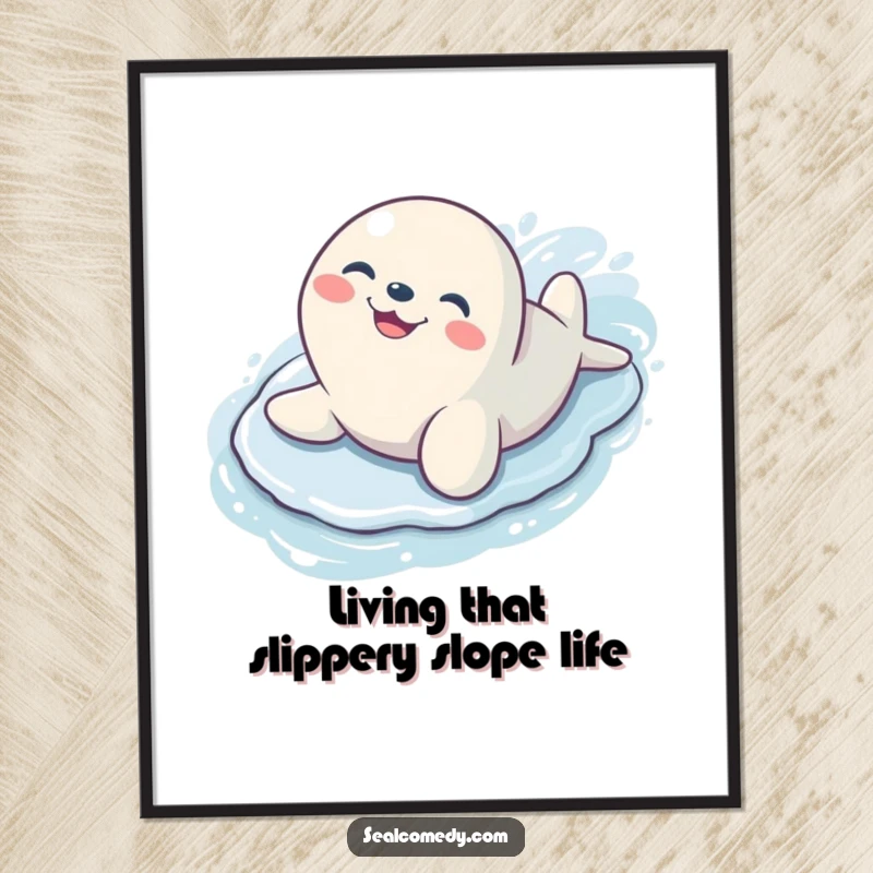Funny Free Printable Wall Art: A seal with a happy grin slides gleefully down a slippery, wet surface, full of joy.