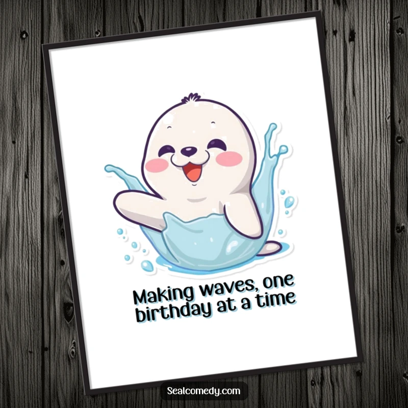 Funny Free Printable Wall Art: Happy seal character splashing water with its flipper, bringing a sense of aquatic joy.