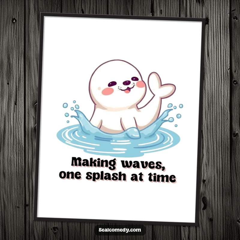 Funny Free Printable Wall Art: A cute seal energetically splashing water with its tail, creating a playful, joyful scene.