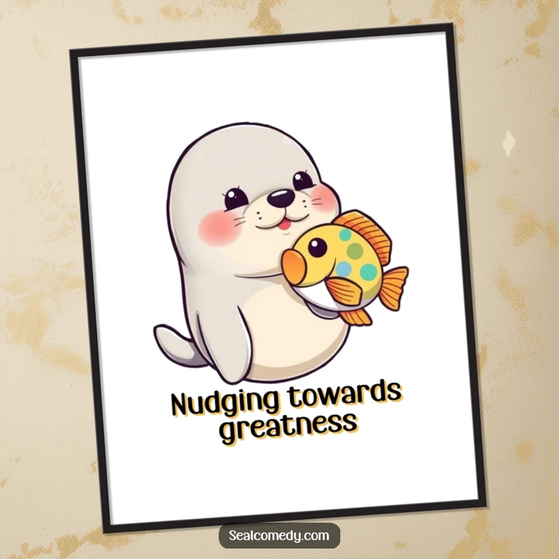 Funny Free Printable Seal Wall Art: A playful seal gently nudges a colorful fish with its snout underwater.