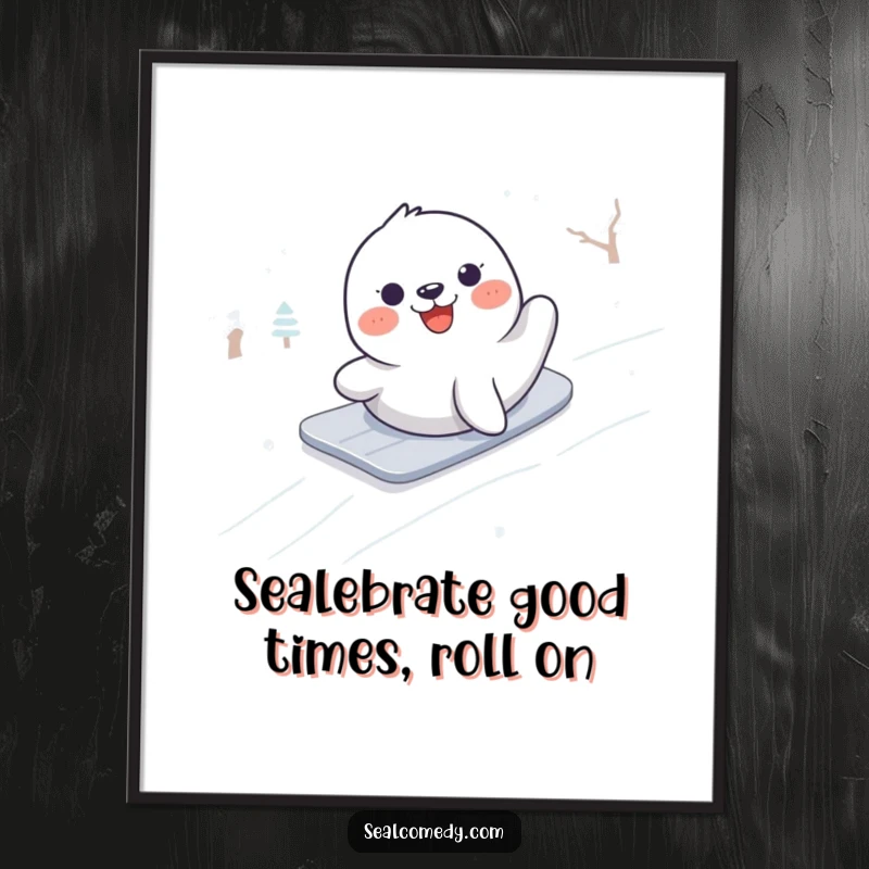 Funny Free Printable Wall Art: A seal hilariously sliding down a snowy mountain, exuding pure winter delight. Awesome downloadable art.