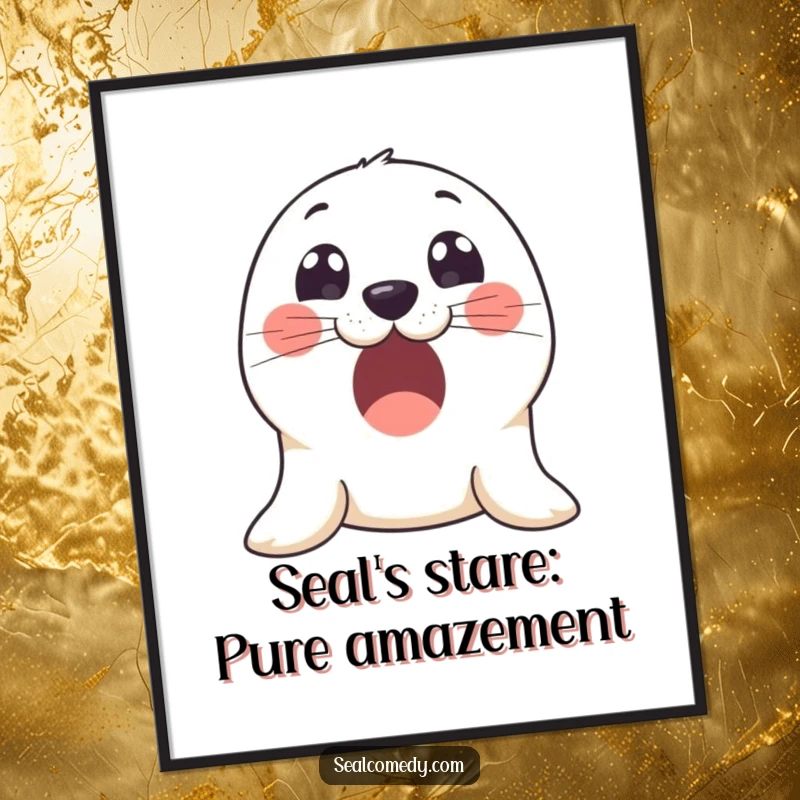Funny free printable wall art: A seal with remarkably wide, innocent eyes, expressing pure excitement and wonder, perfect for a cheerful room.