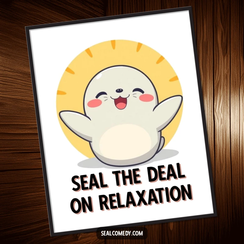 Funny free printable wall art, joyful seal basking in the sun, flippers extended, peaceful.