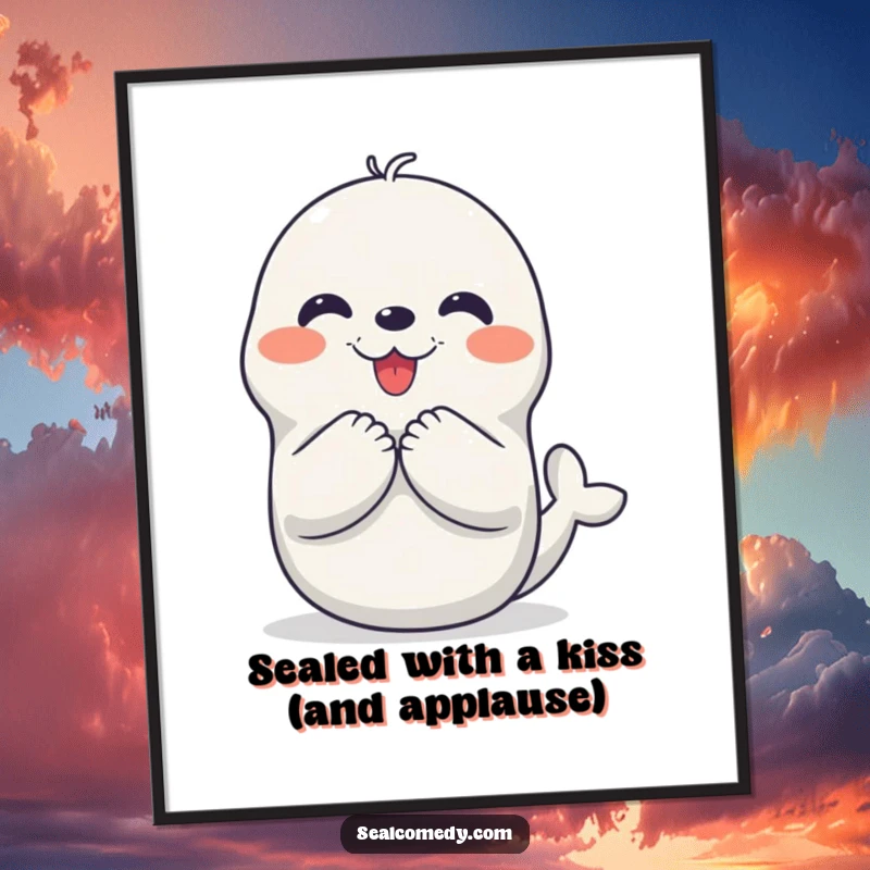 Funny Free Printable Wall Art: A happy seal character clapping its flippers with pure joy, great DIY decor.