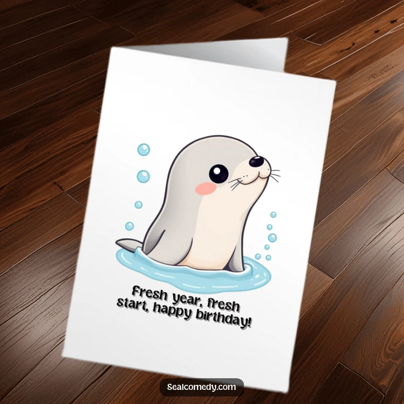 Funny Free Printable Birthday Card: A sleek seal gracefully emerges from effervescent bubbly water, ready to party. DIY.