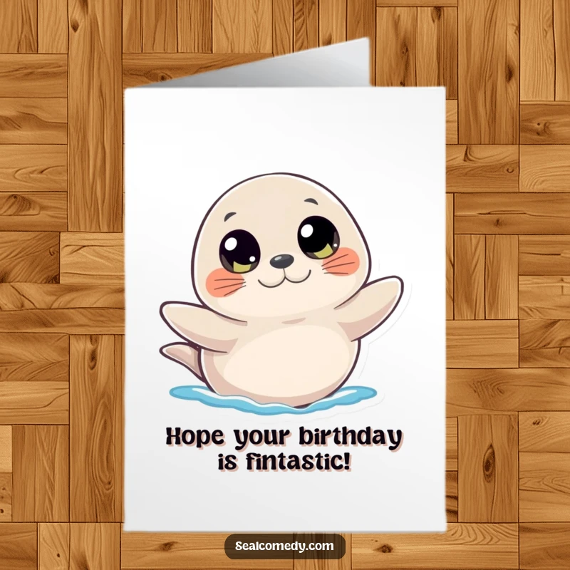 Free printable birthday card: An adorable seal with large, curious eyes, waving a flipper hello.