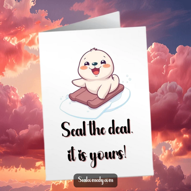 Funny Free Printable Birthday Card with a smiling seal pup joyfully sliding down a snowy icy slope.