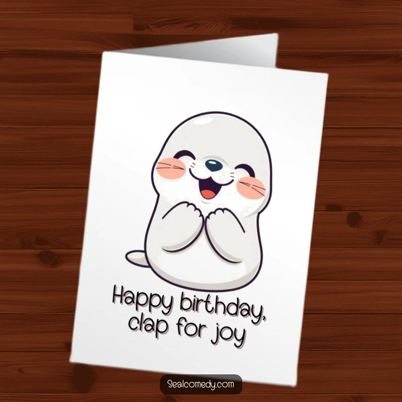 Funny Free Printable Birthday Card: Smiling seal character clapping its flippers together with immense joy and excitement.