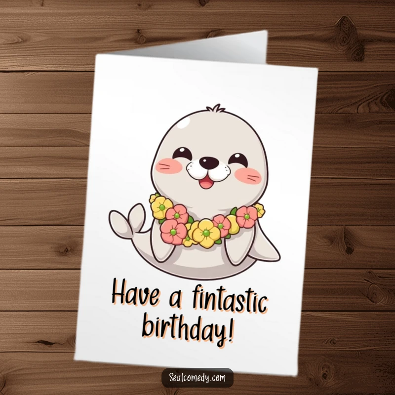 Funny Free Printable Birthday Card: A happy seal wearing a seaweed lei, radiating joy for a birthday greeting.