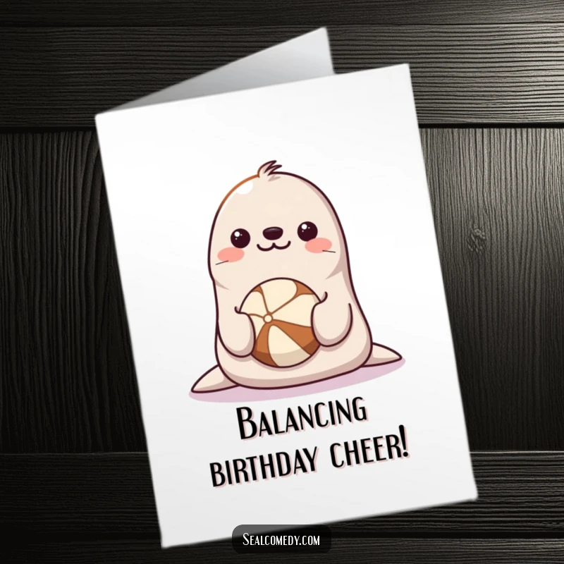 Funny Free Printable Seal Birthday Card: Happy seal smiling, balancing a ball on its nose, festive.