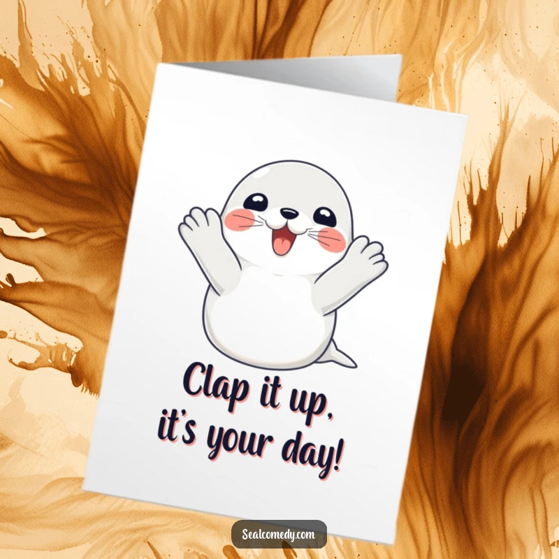 Funny Free Printable Seal Birthday Card showing a happy seal clapping flippers with excitement, a great downloadable gift.