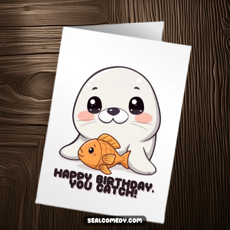 Funny Free Printable Birthday Card: A seal with innocent eyes peers at a fish toy, wishing happy birthday.