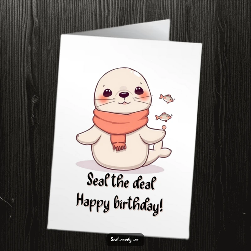 Funny Free Printable Birthday Card: A seal in a small scarf skillfully juggles tiny fish, a comical birthday surprise.