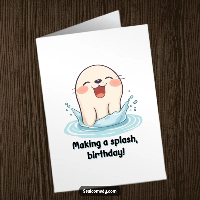 Funny free printable seal birthday card, a giggling seal popping its head out of water with a splash, full of joy.