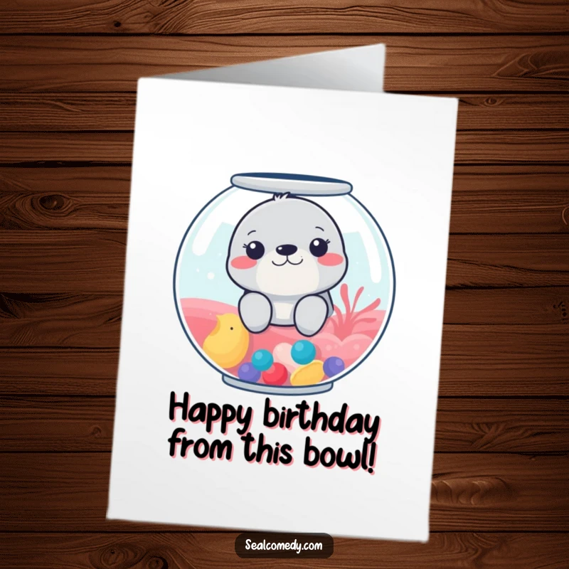 Funny free printable birthday card: A seal peeking mischievously from a colorful fishbowl, ready to wish you a happy birthday.