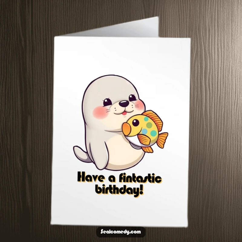 Funny Free Printable Seal Birthday Card: A playful seal gently nudges a vibrant fish with its nose underwater.