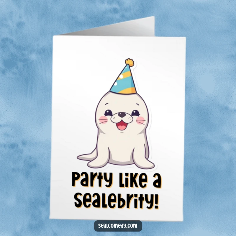 Funny free printable birthday card: A cute seal wearing a party hat, happily honking with a cheerful expression.