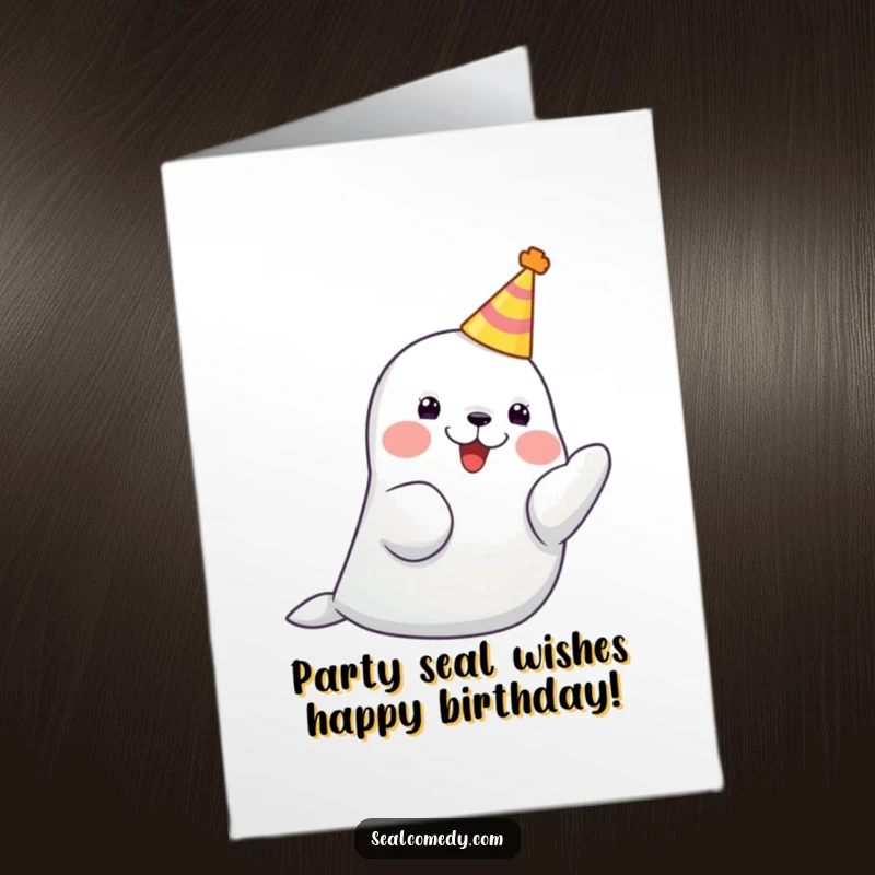 Funny Free Printable Birthday Card: A seal in a party hat joyfully claps its flippers, celebrating a birthday.